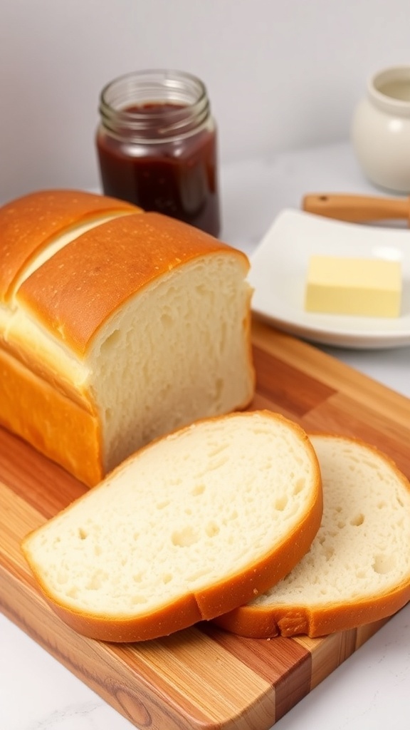 Quick Homemade Sandwich Bread Recipe Freshly baked sandwich bread loaf, sliced and resting on a wooden board with jam and butter.